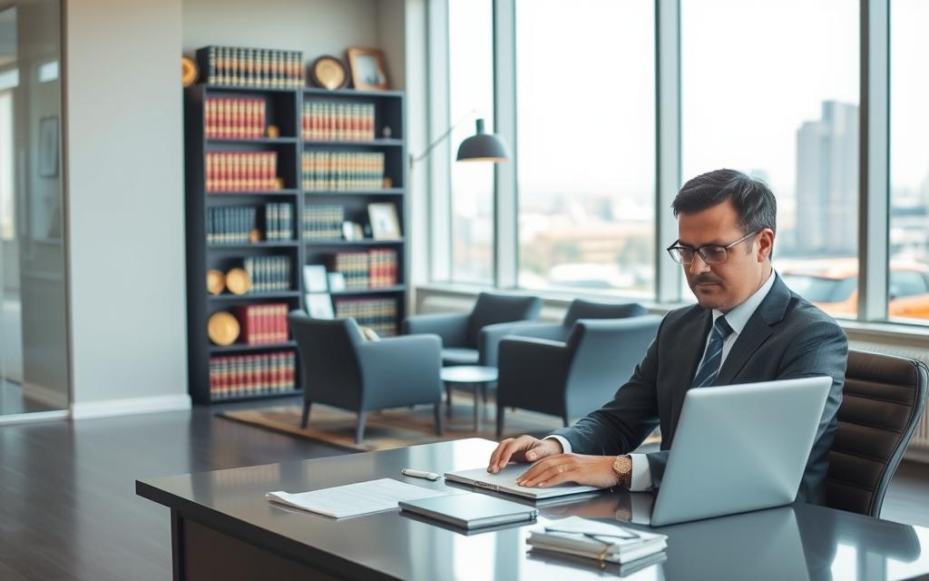 Lawyer Social Security Disability: Expert Help Made Easy 25 A Modern, Minimalist Office Interior With Large Windows And Natural Lighting. In The Foreground, A Professional, Well-Dressed Social Security Disability Lawyer Sits At A Desk, Working Intently On A Laptop. Behind Them, A Bookshelf Filled With Legal Tomes And Awards. The Middle Ground Features A Comfortable Seating Area With Chairs And A Coffee Table, Creating A Welcoming Atmosphere For Clients. In The Background, A Subtle Cityscape Visible Through The Windows, Suggesting The Lawyer'S Convenient, Urban Location. The Overall Tone Is One Of Competence, Trustworthiness, And A Commitment To Providing Excellent Legal Services.