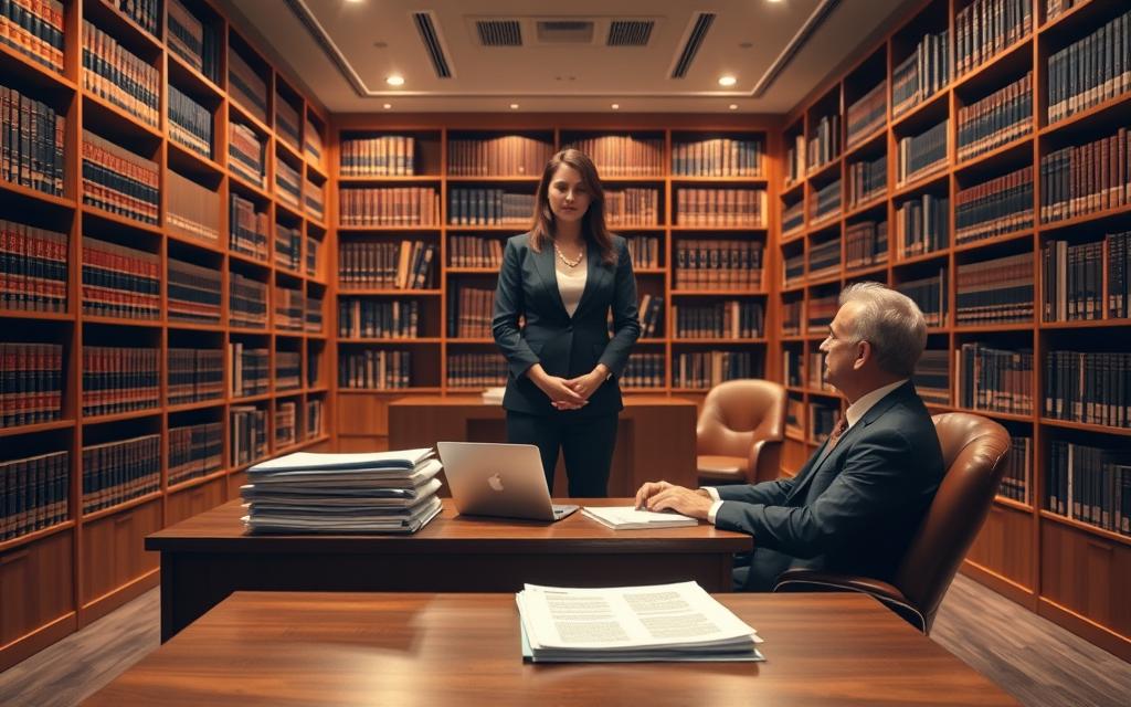 A Modern, Well-Lit Law Office Interior With Floor-To-Ceiling Bookshelves Lining The Walls. A Large Wooden Desk Dominates The Foreground, With A Stack Of Legal Documents And A Laptop On It. In The Middle Ground, A Woman In A Professional Business Suit Stands With Her Hands On The Desk, Speaking To A Man Seated In A Leather Chair. The Lighting Is Warm And Focused, Casting Subtle Shadows And Highlights To Create A Sense Of Depth And Atmosphere. The Room Exudes An Air Of Authority And Knowledge, Befitting The Serious Topic Of Community Property Law.